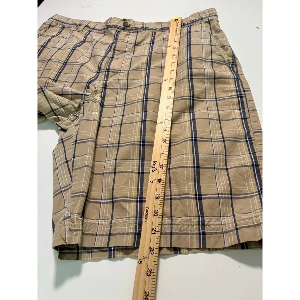 IZOD Plaid Chino Shorts Mens 38 Tan Grey Cotton Flat Front‎ 10